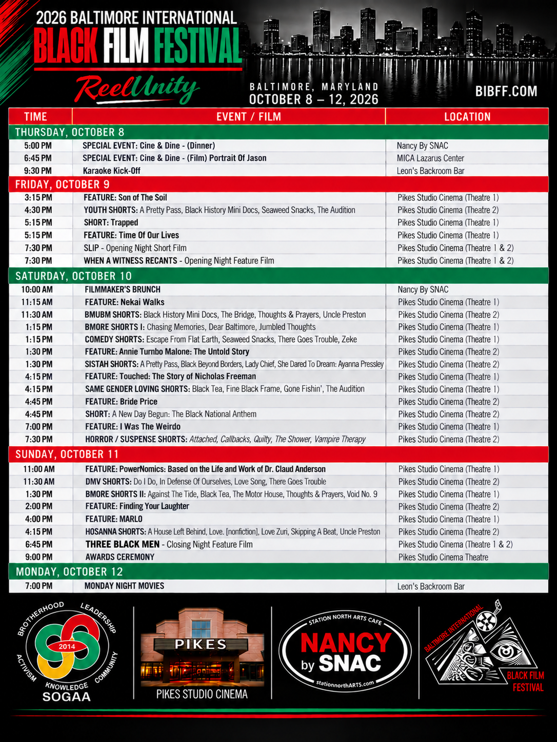 Baltimore International Black Film Festival 2026 schedule featuring Three Black Men as the Closing Night Feature